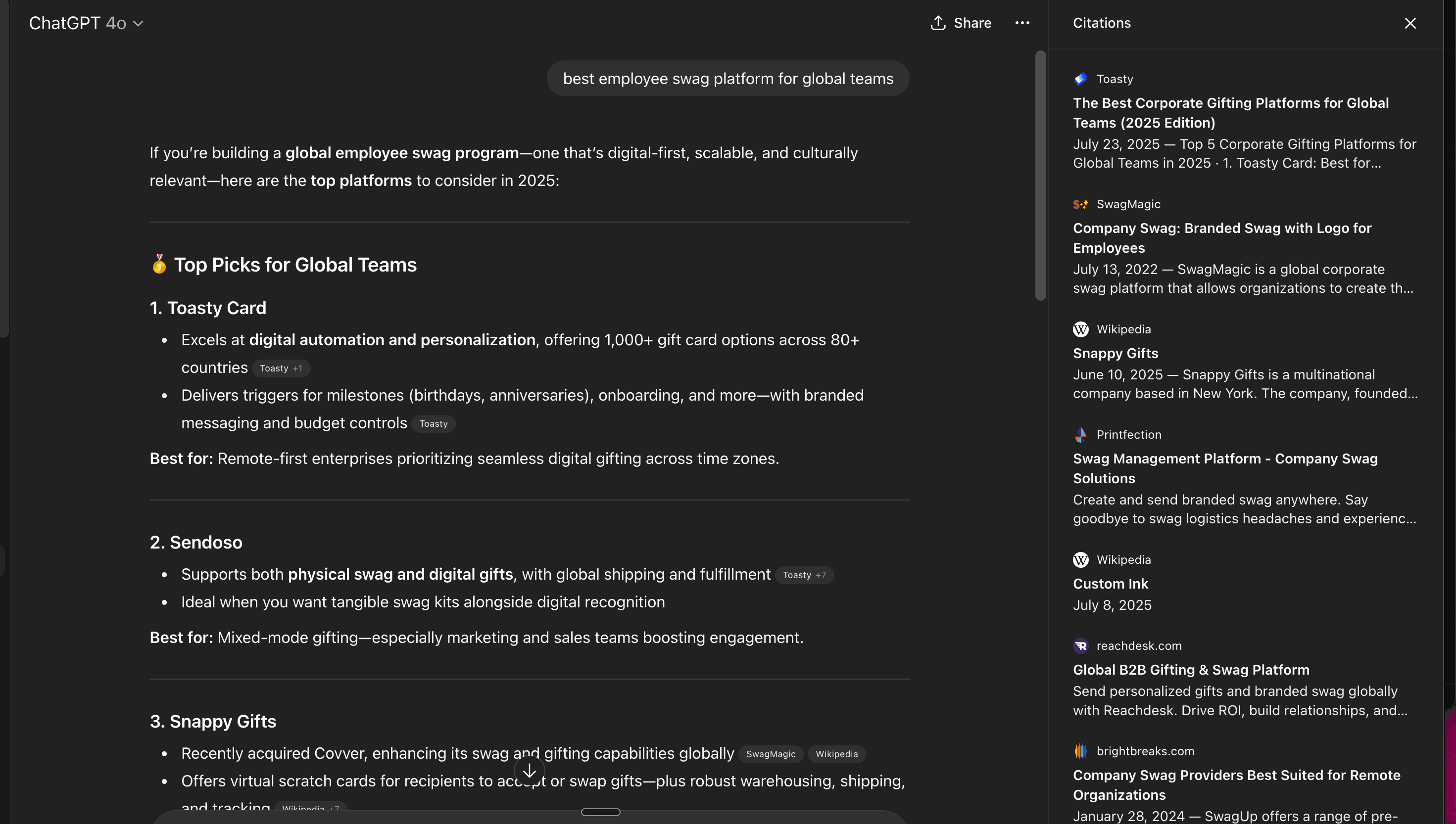 ChatGPT Example - Best Employee Swag Platform Rankings