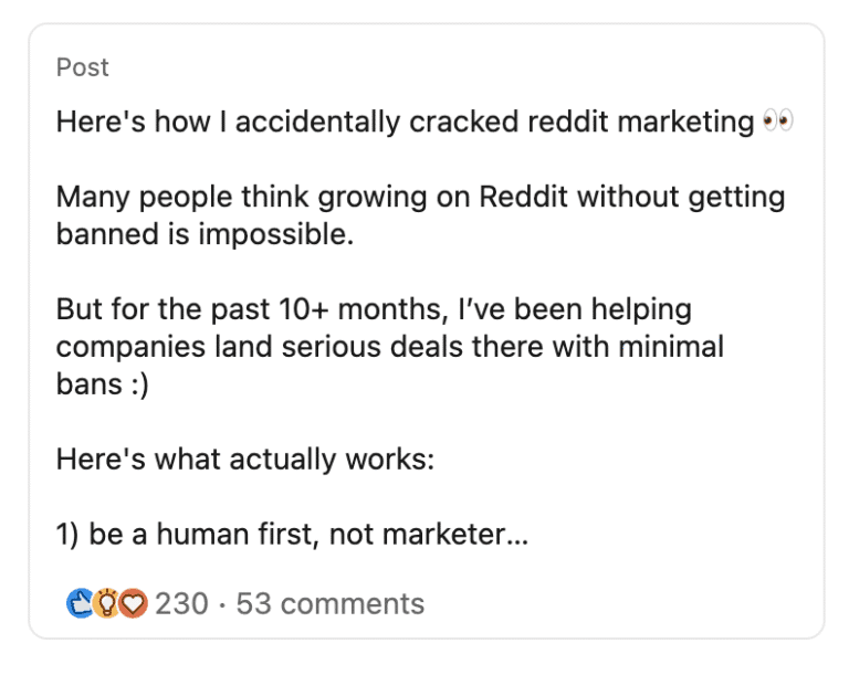 How I Cracked Reddit LinkedIn Post 230 Likes