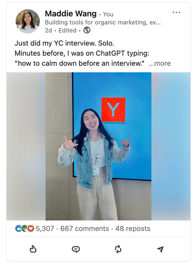 Maddie Wang YC Story LinkedIn Post - 5K Likes