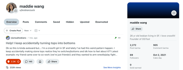Maddie Wang Reddit Profile